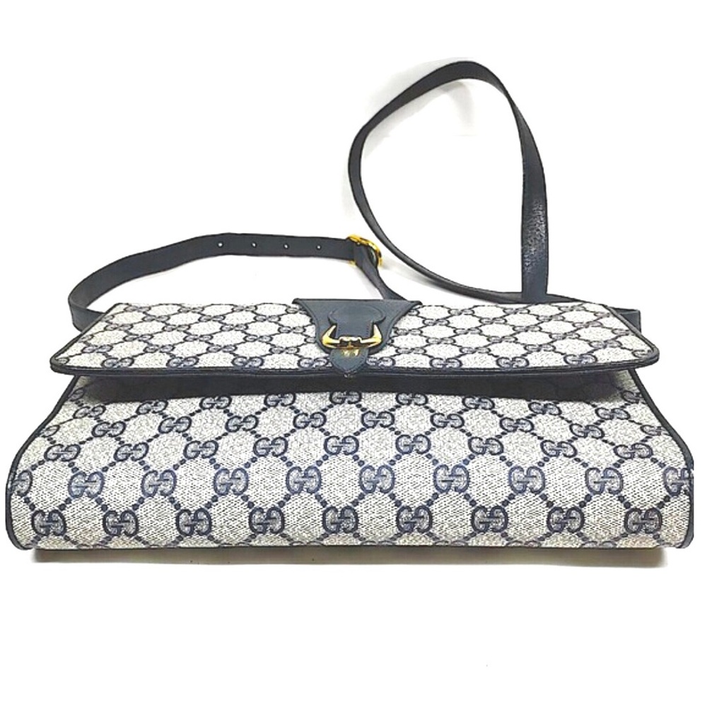 GUCCI GG Supreme Horse Bit Navy Clutch Crossbody Bag Silver Hardware DUST BAG - Picture 4 of 14